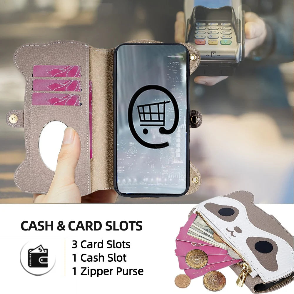 For iPhone 17 Pro Case Makeup Mirror Wallet Cute Raccoon Leather Phone Cover with Wrist / Shoulder Strap - Grey - 4