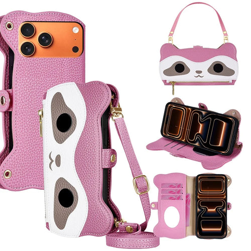 For iPhone 17 Pro Max Case Makeup Mirror Wallet Cute Raccoon Leather Phone Cover with Wrist / Shoulder Strap - Pink - 1