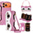 For iPhone 17 Pro Max Case Makeup Mirror Wallet Cute Raccoon Leather Phone Cover with Wrist / Shoulder Strap - Pink - 1