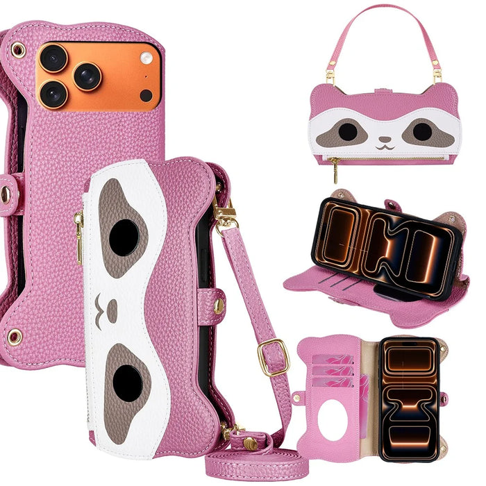 For iPhone 17 Pro Max Case Makeup Mirror Wallet Cute Raccoon Leather Phone Cover with Wrist / Shoulder Strap - Pink - 1