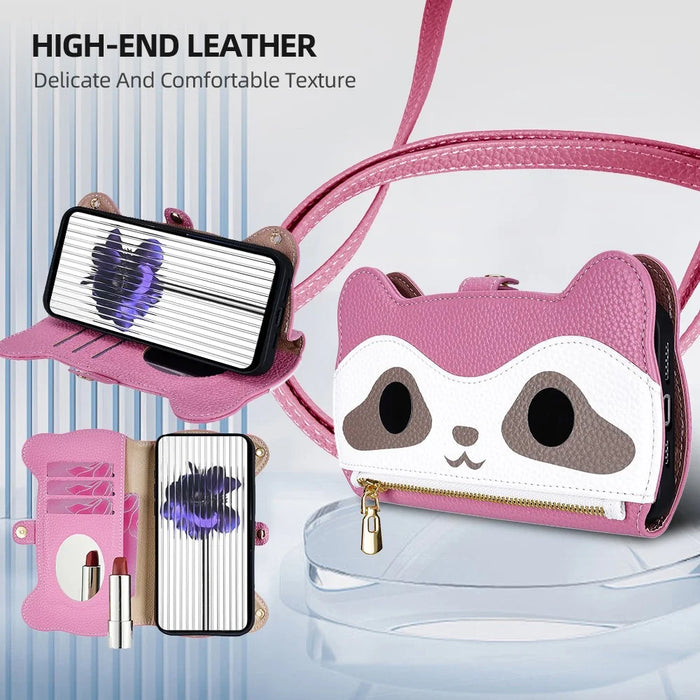 For iPhone 17 Pro Max Case Makeup Mirror Wallet Cute Raccoon Leather Phone Cover with Wrist / Shoulder Strap - Pink - 2