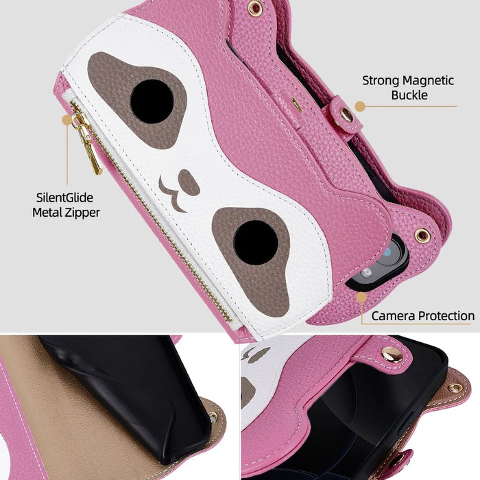 For iPhone 17 Pro Max Case Makeup Mirror Wallet Cute Raccoon Leather Phone Cover with Wrist / Shoulder Strap - Pink - 3