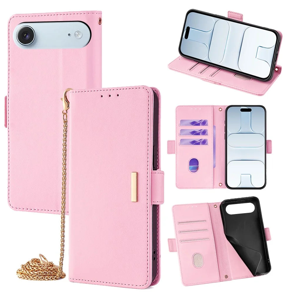 For iPhone Air Case PU Leather Wallet Stand Phone Cover with Crossbody Shoulder Strap - Pink - 1