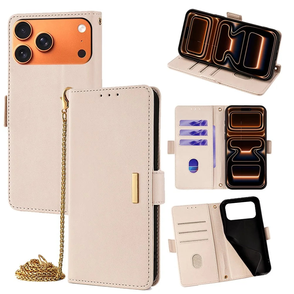 For iPhone 17 Pro Max Case PU Leather Wallet Stand Phone Cover with Crossbody Shoulder Strap - White - 1