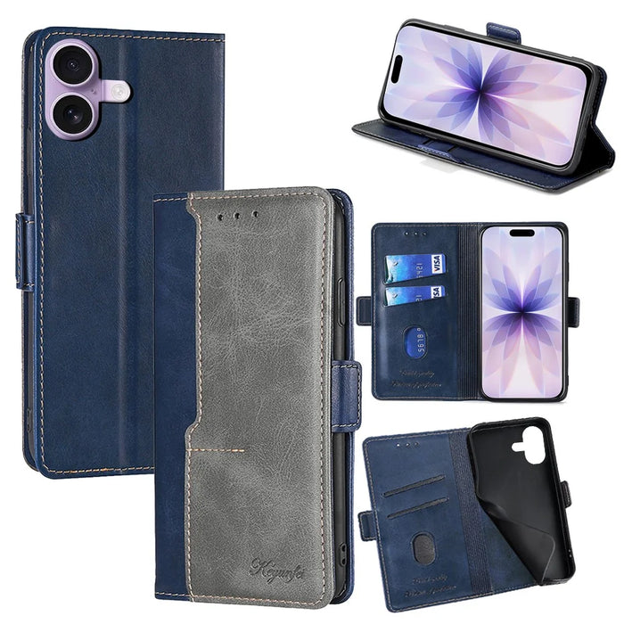 For iPhone 17 Case Contrast Color Wallet Leather Phone Cover - Blue + Grey - 1