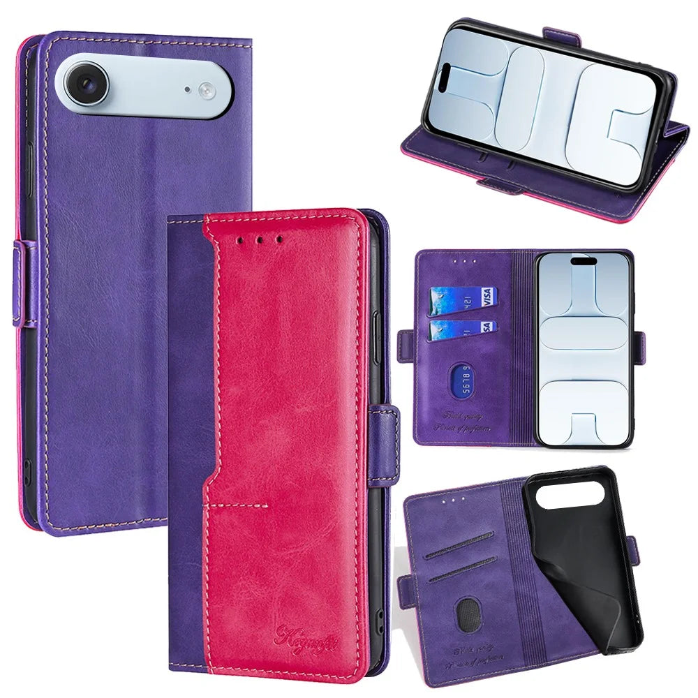 For iPhone Air Case Contrast Color Wallet Leather Phone Cover - Rose + Purple - 1