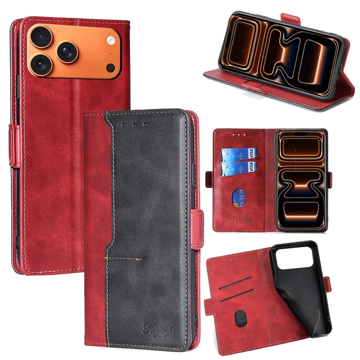 For iPhone 17 Pro Case Contrast Color Wallet Leather Phone Cover - Black + Red - 1