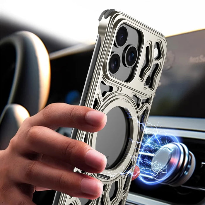 For iPhone 17 Pro Max Bumper Case Alloy Metal Borderless Back Cover with Magnetic Kickstand - Titanium - 7