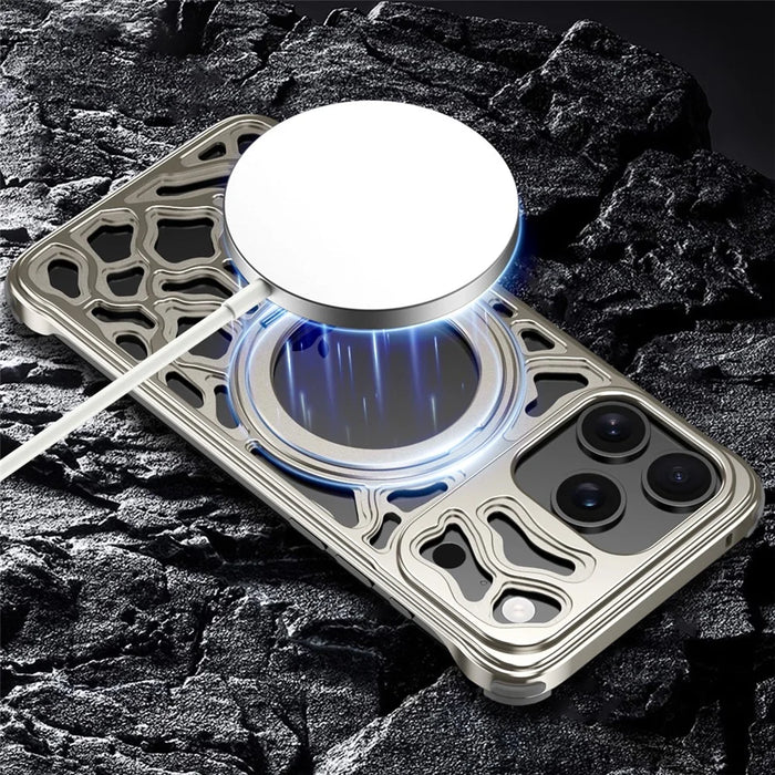 For iPhone 17 Pro Bumper Case Alloy Metal Borderless Back Cover with Magnetic Kickstand - Titanium - 6