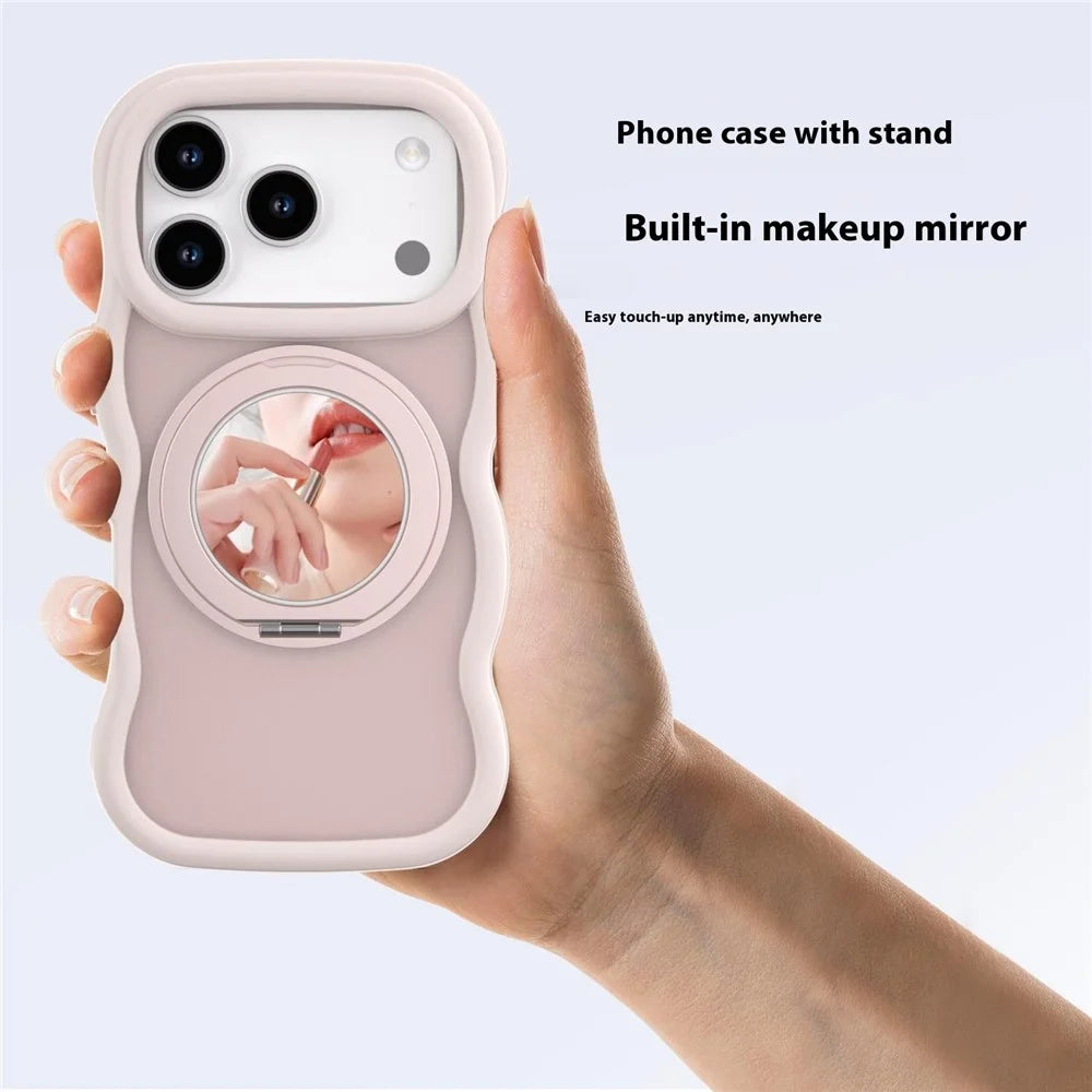 For iPhone 17 Pro Magnetic Case Wave Edge TPU + Acrylic Phone Cover with Mirror Kickstand - Pink - 3