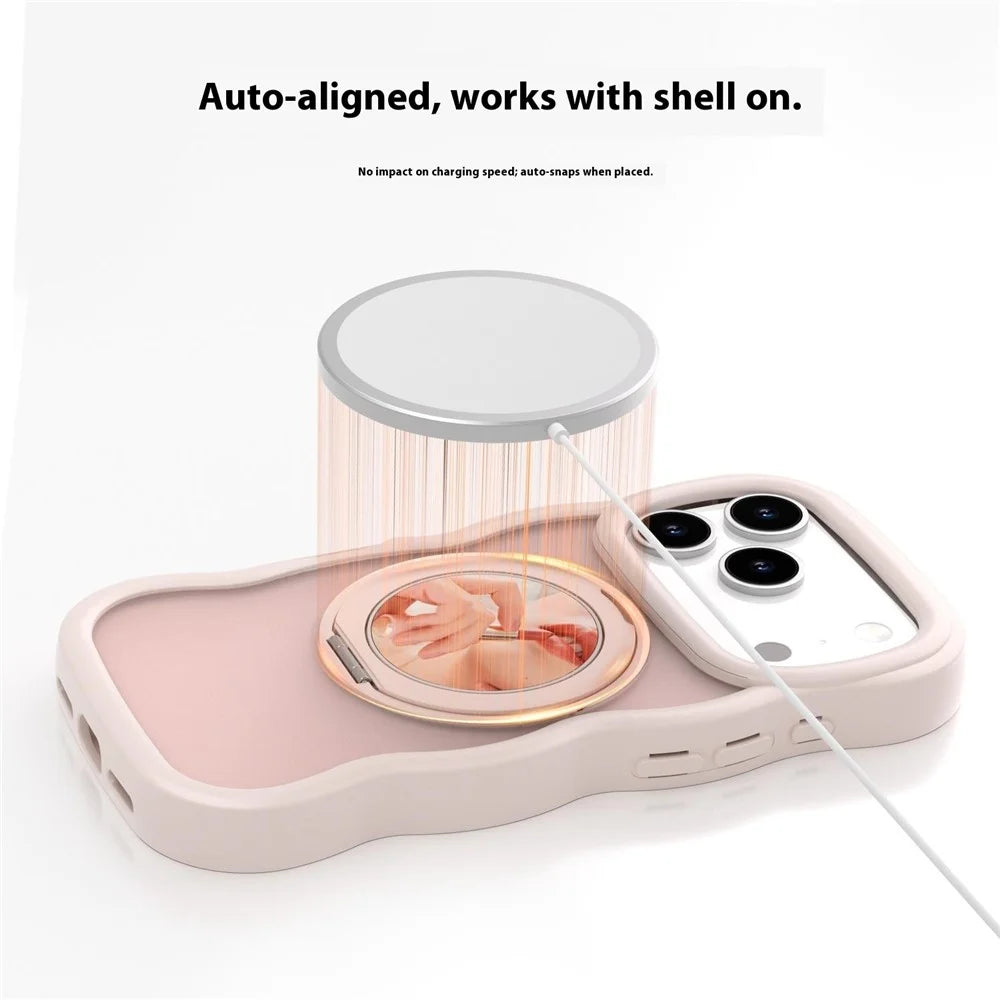 For iPhone 17 Pro Magnetic Case Wave Edge TPU + Acrylic Phone Cover with Mirror Kickstand - Pink - 4