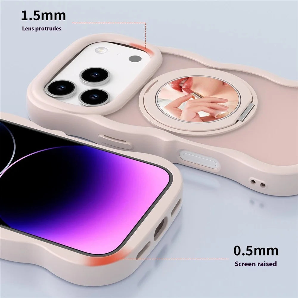 For iPhone 17 Pro Magnetic Case Wave Edge TPU + Acrylic Phone Cover with Mirror Kickstand - Pink - 5