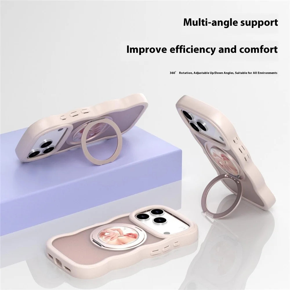 For iPhone 17 Pro Magnetic Case Wave Edge TPU + Acrylic Phone Cover with Mirror Kickstand - Pink - 6