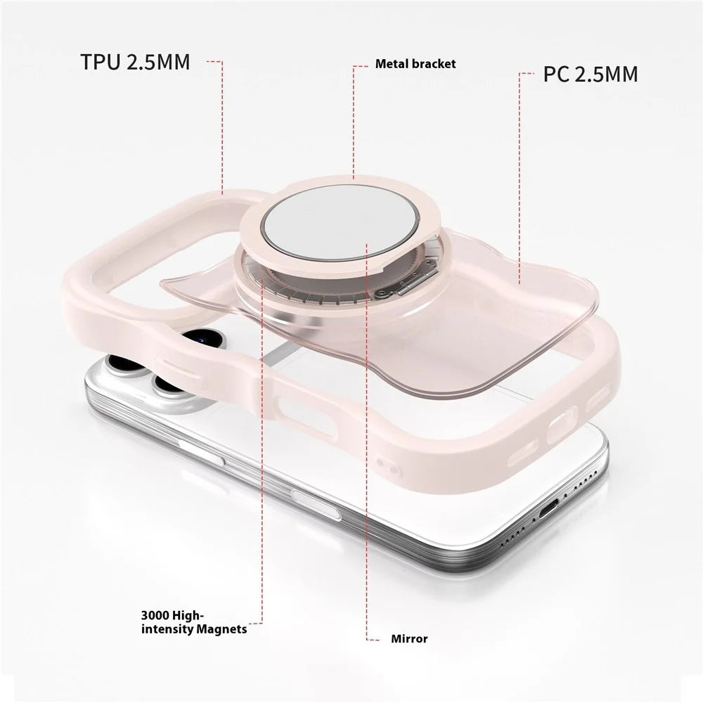 For iPhone 17 Pro Magnetic Case Wave Edge TPU + Acrylic Phone Cover with Mirror Kickstand - Pink - 7