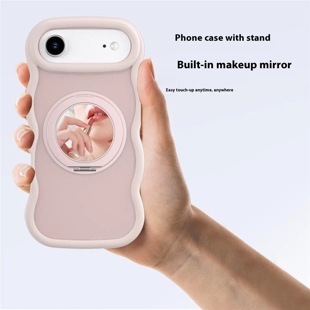 For iPhone Air Magnetic Case Wave Edge TPU + Acrylic Phone Cover with Mirror Kickstand - Pink - 3