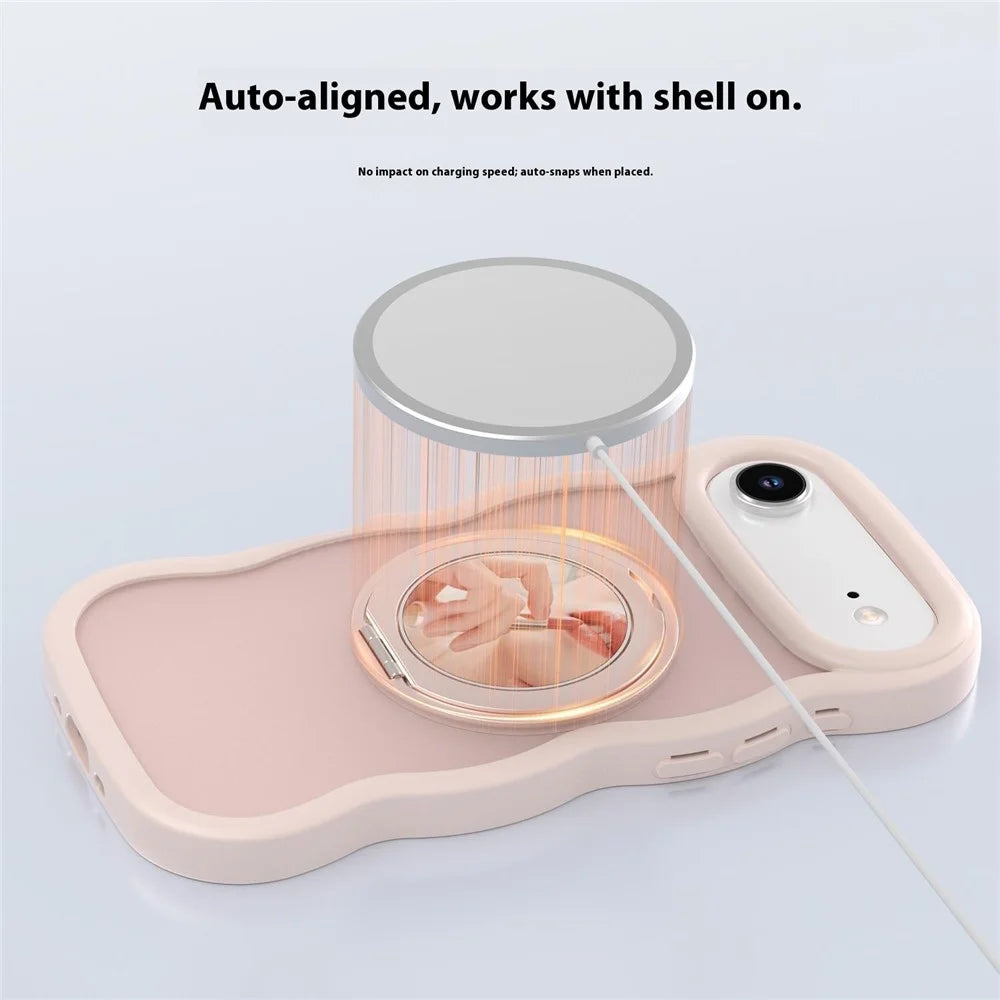For iPhone Air Magnetic Case Wave Edge TPU + Acrylic Phone Cover with Mirror Kickstand - Pink - 4