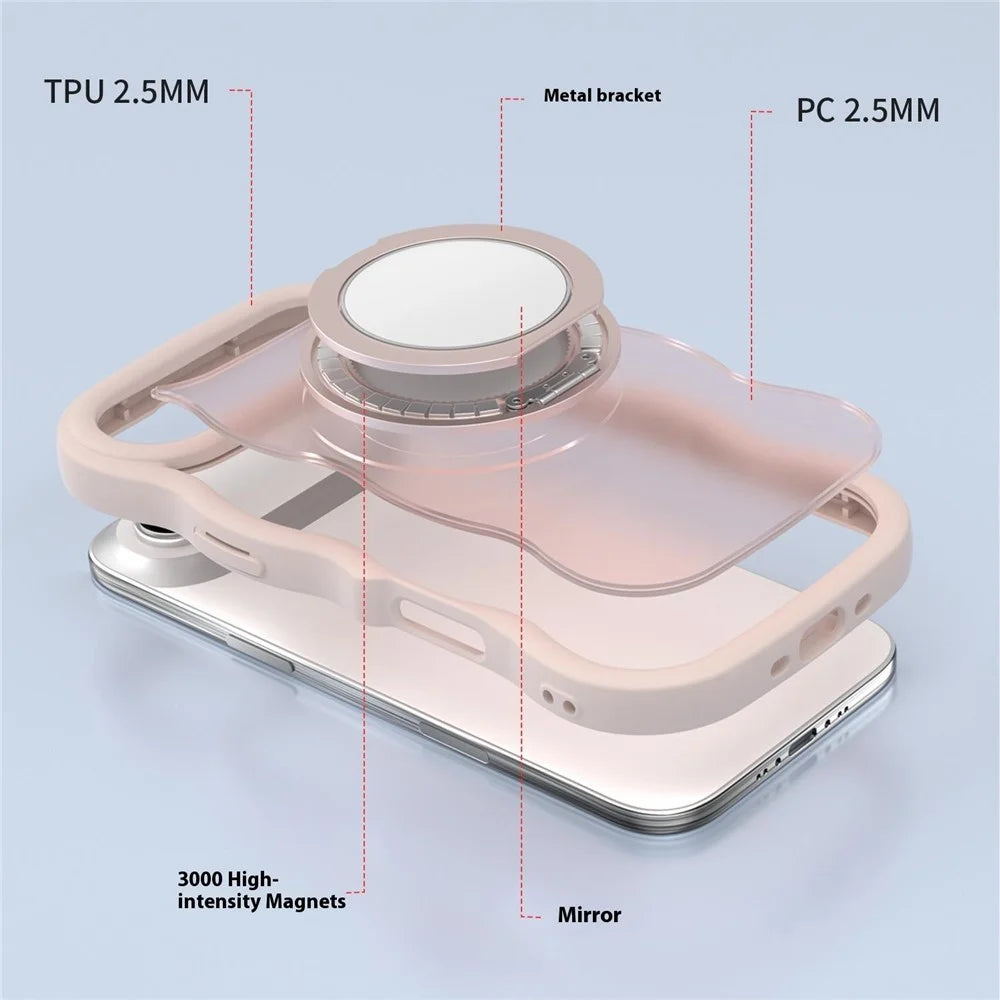 For iPhone Air Magnetic Case Wave Edge TPU + Acrylic Phone Cover with Mirror Kickstand - Pink - 7