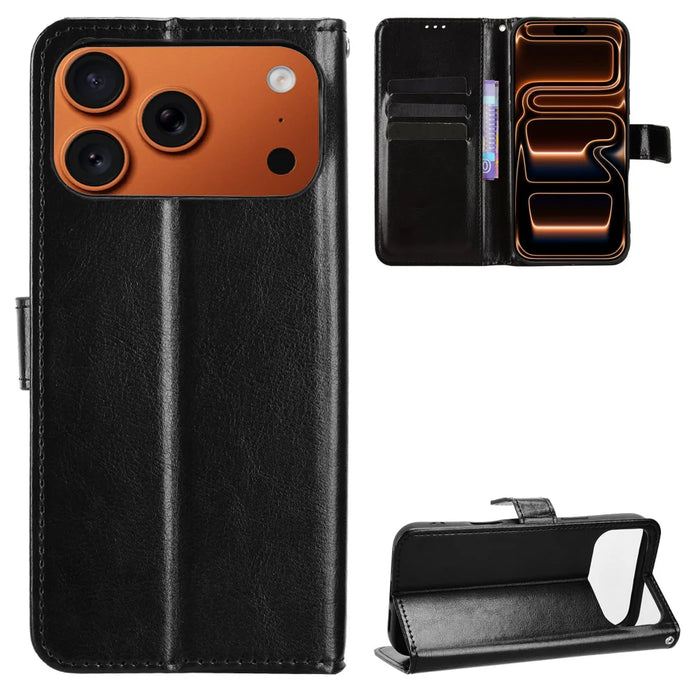 For iPhone 18 Pro / 17 Pro PU Leather Case with Strap Crazy Horse Texture Phone Wallet Cover - Black - 1