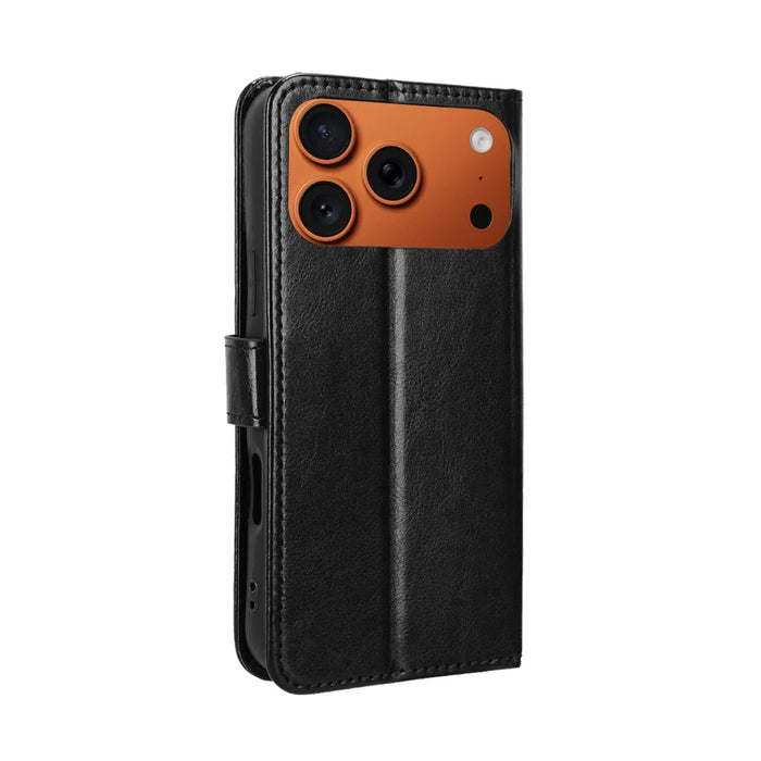 For iPhone 18 Pro / 17 Pro PU Leather Case with Strap Crazy Horse Texture Phone Wallet Cover - Black - 7