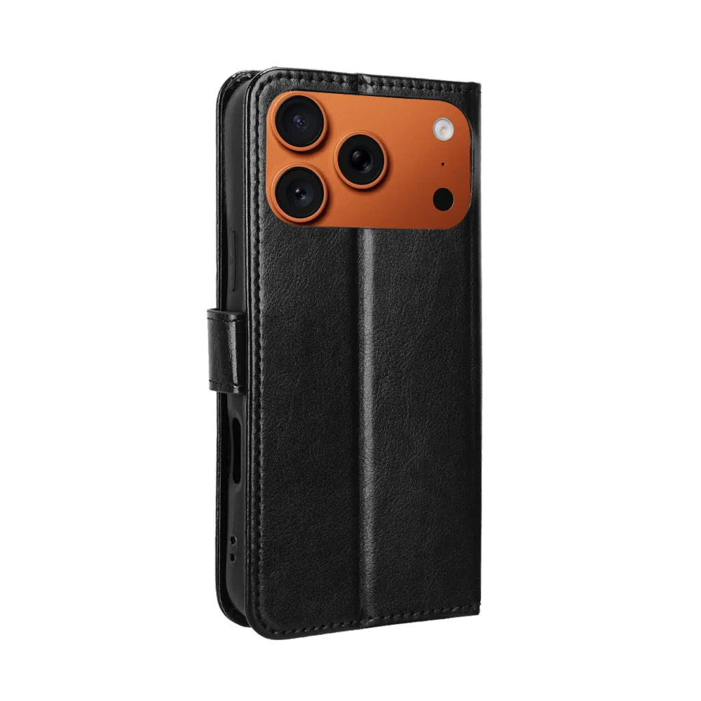 For iPhone 18 Pro Max / 17 Pro Max PU Leather Case with Strap Crazy Horse Texture Phone Wallet Cover - Black - 7