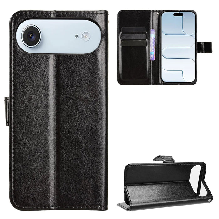 For iPhone Air PU Leather Case with Strap Crazy Horse Texture Phone Wallet Cover - Black - 1