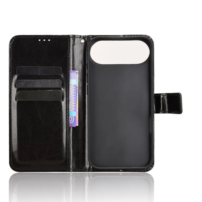 For iPhone Air PU Leather Case with Strap Crazy Horse Texture Phone Wallet Cover - Black - 4