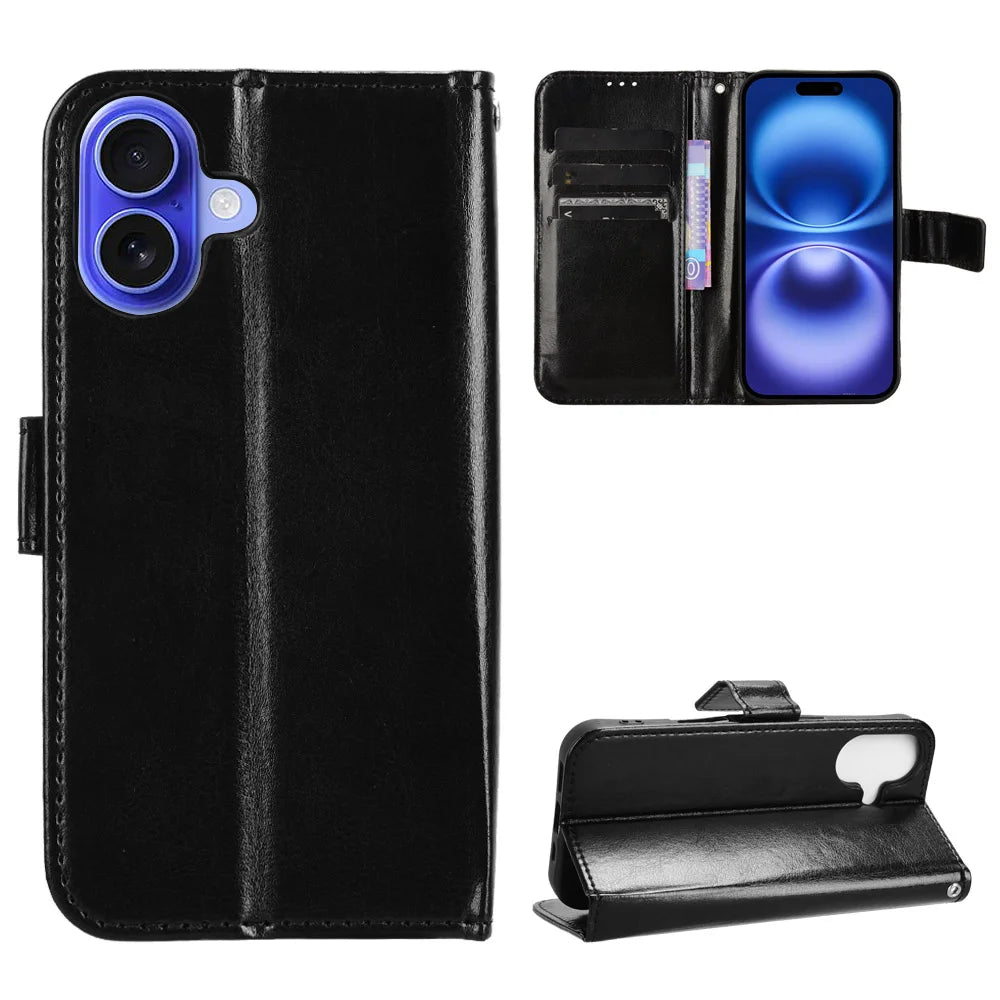 For iPhone 17 PU Leather Case with Strap Crazy Horse Texture Phone Wallet Cover - Black - 1