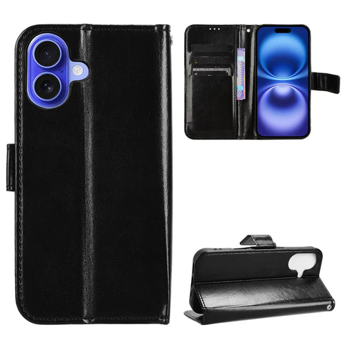 For iPhone 17 PU Leather Case with Strap Crazy Horse Texture Phone Wallet Cover - Black - 1
