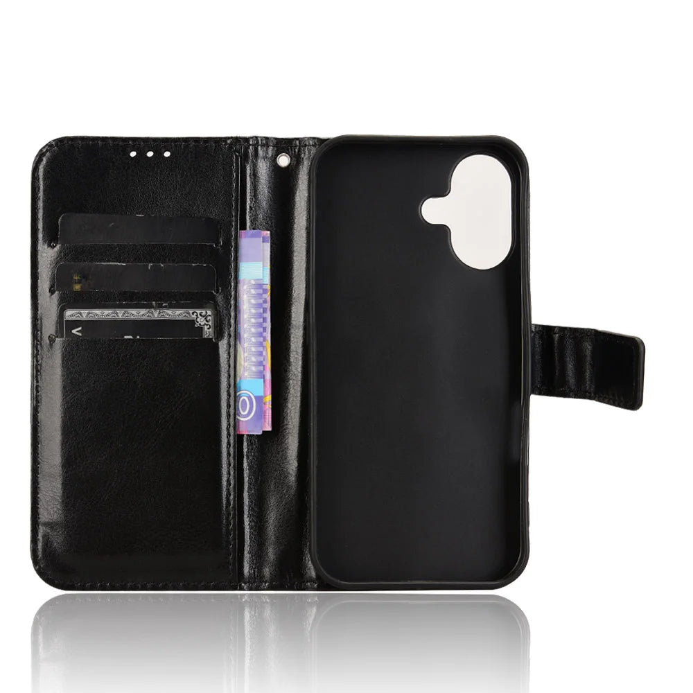 For iPhone 17 PU Leather Case with Strap Crazy Horse Texture Phone Wallet Cover - Black - 4