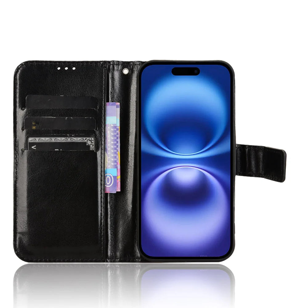 For iPhone 17 PU Leather Case with Strap Crazy Horse Texture Phone Wallet Cover - Black - 5