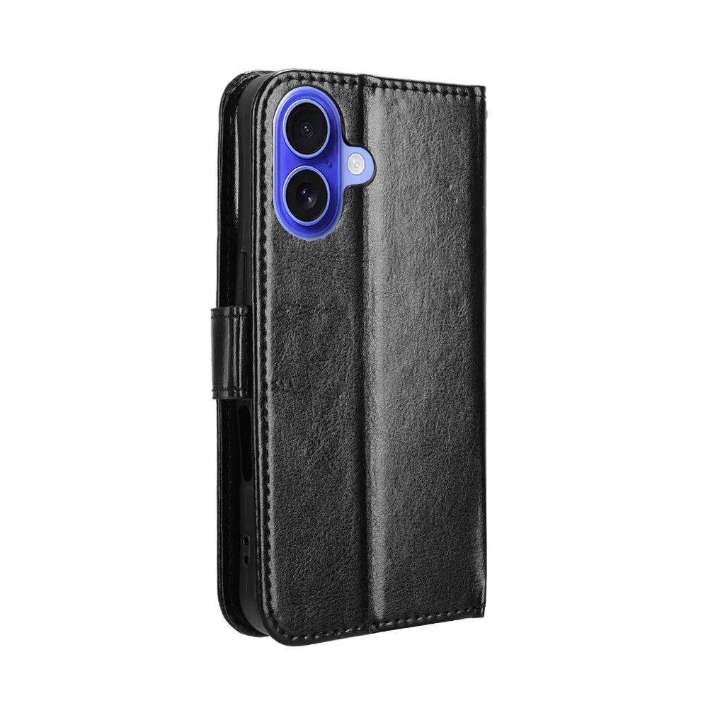 For iPhone 17 PU Leather Case with Strap Crazy Horse Texture Phone Wallet Cover - Black - 7