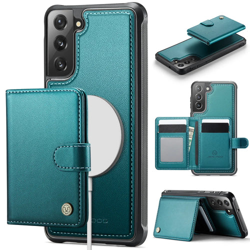 JEEHOOD For Samsung Galaxy S21 FE 5G Case  J09 RFID Blocking Card Holder Leather Back Phone Cover Magnetic Case - Green - 1