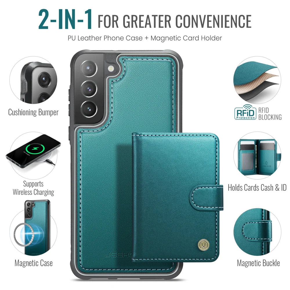 JEEHOOD For Samsung Galaxy S21 FE 5G Case  J09 RFID Blocking Card Holder Leather Back Phone Cover Magnetic Case - Green - 2