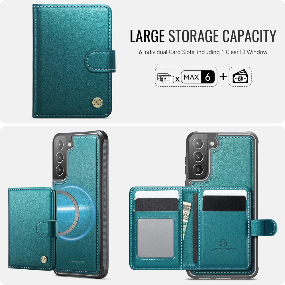 JEEHOOD For Samsung Galaxy S21 FE 5G Case  J09 RFID Blocking Card Holder Leather Back Phone Cover Magnetic Case - Green - 3