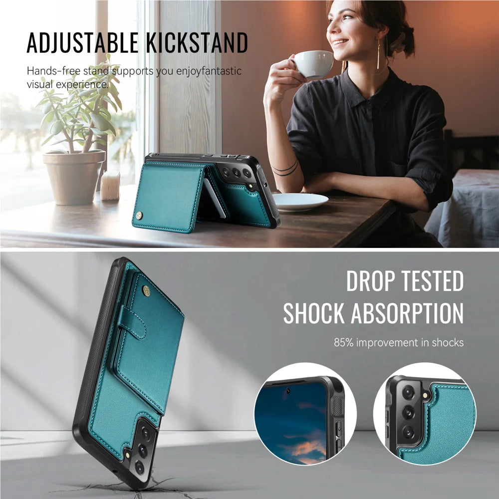 JEEHOOD For Samsung Galaxy S21 FE 5G Case  J09 RFID Blocking Card Holder Leather Back Phone Cover Magnetic Case - Green - 4
