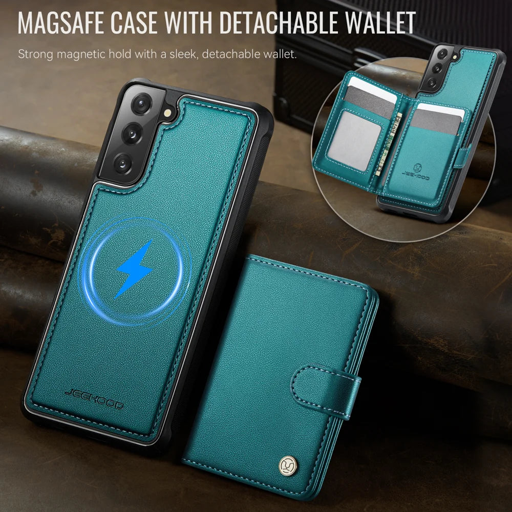 JEEHOOD For Samsung Galaxy S21 FE 5G Case  J09 RFID Blocking Card Holder Leather Back Phone Cover Magnetic Case - Green - 5