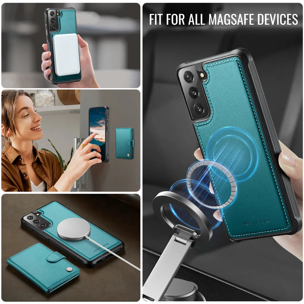 JEEHOOD For Samsung Galaxy S21 FE 5G Case  J09 RFID Blocking Card Holder Leather Back Phone Cover Magnetic Case - Green - 6