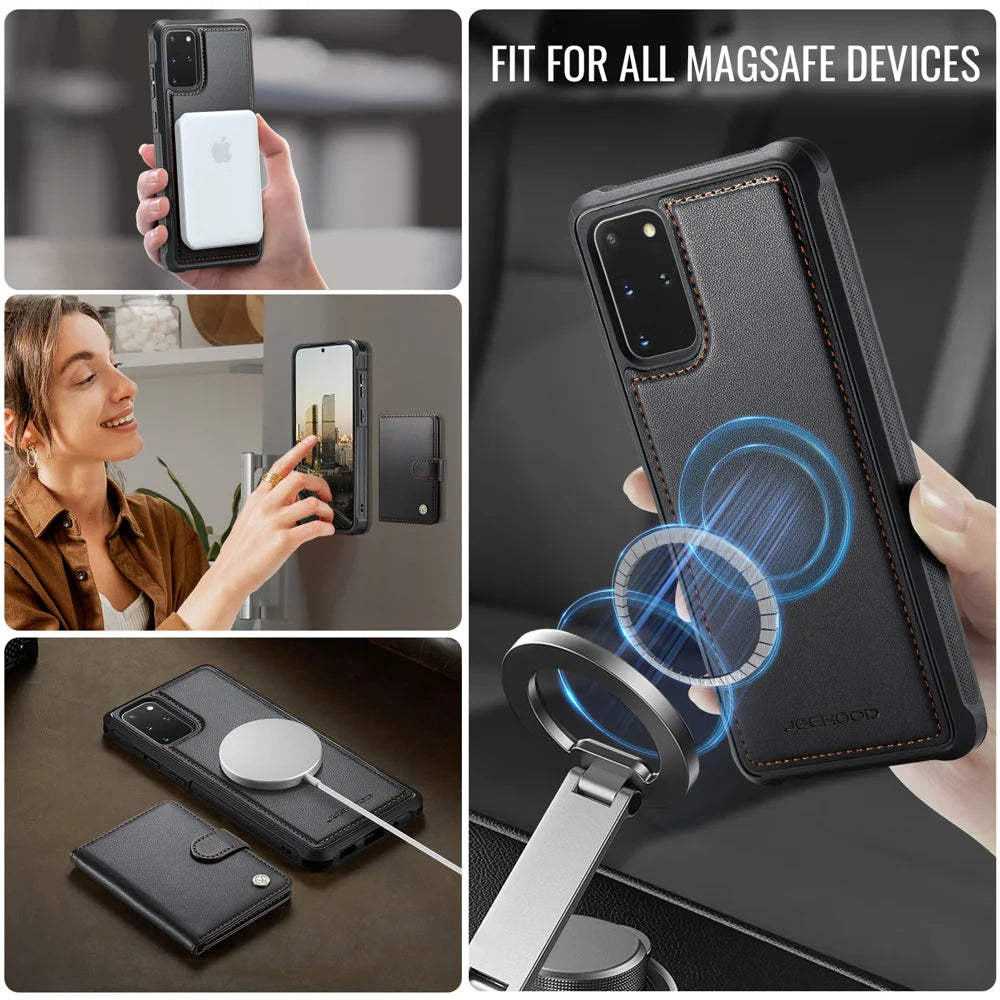 JEEHOOD For Samsung Galaxy S20 Plus 4G Case  J09 RFID Blocking Card Holder Leather Back Phone Cover Magnetic Case - Black - 6