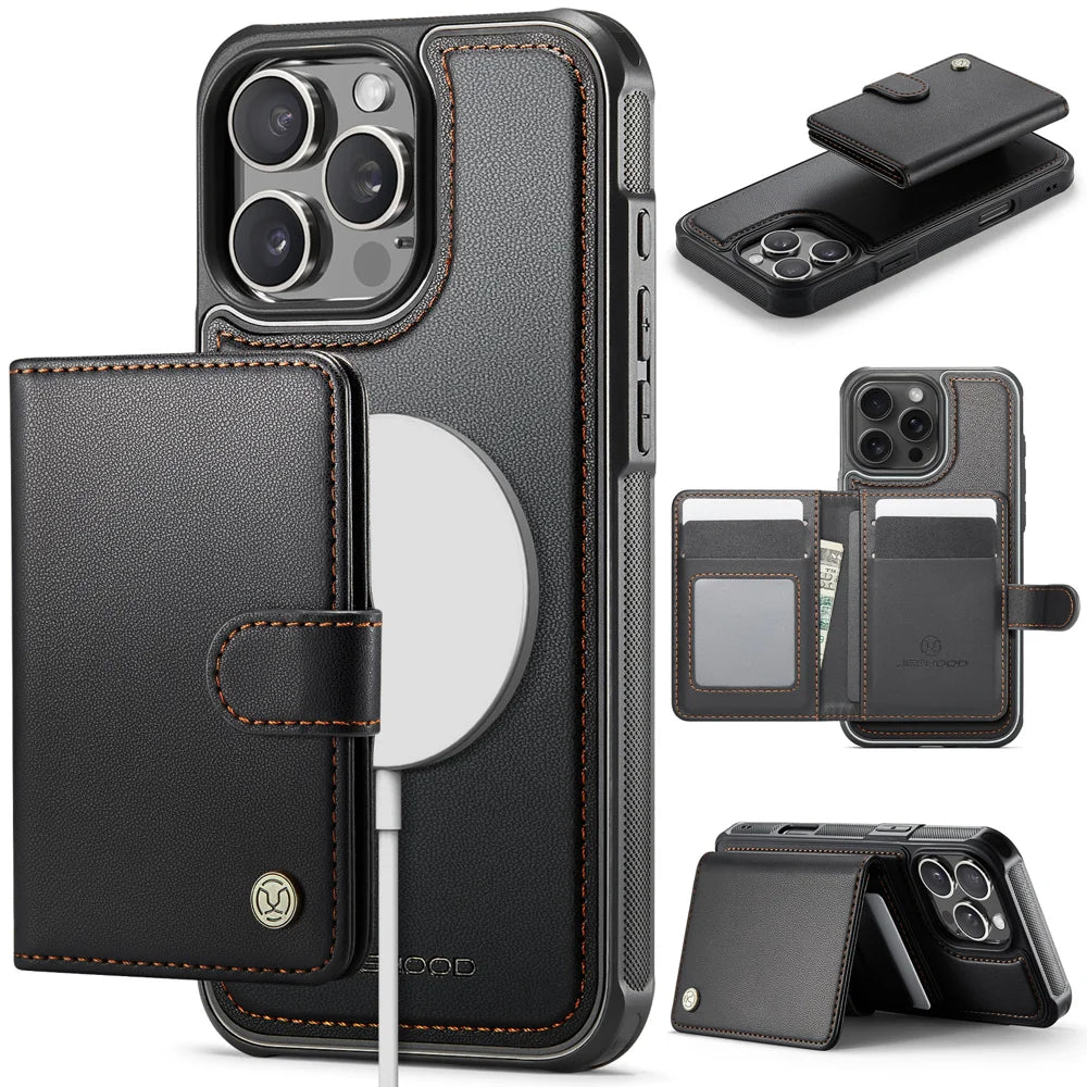 JEEHOOD For iPhone 16 Pro Max Case  J09 RFID Blocking Card Holder Leather Back Phone Cover Compatible with MagSafe - Black - 1