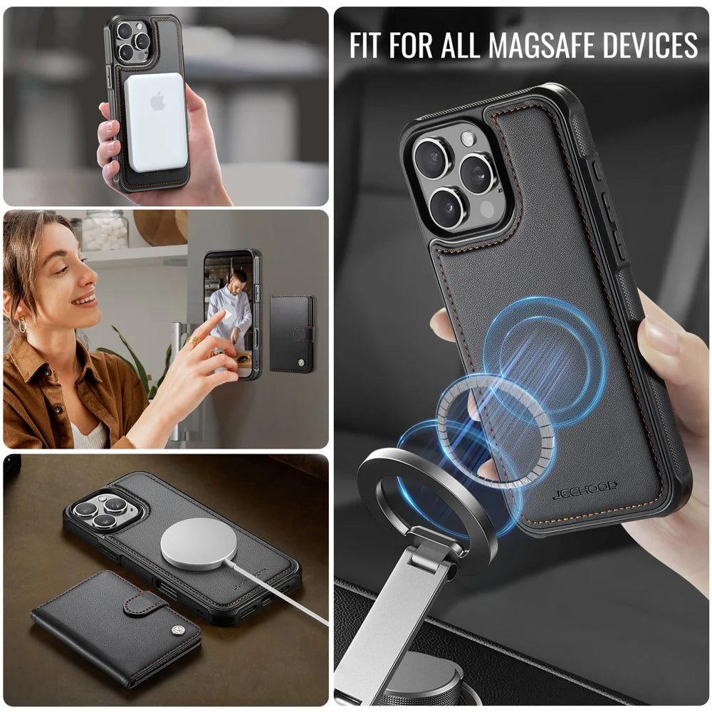 JEEHOOD For iPhone 16 Pro Max Case  J09 RFID Blocking Card Holder Leather Back Phone Cover Compatible with MagSafe - Black - 6