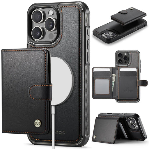 JEEHOOD For iPhone 16 Pro Case  J09 RFID Blocking Card Holder Leather Back Phone Cover Compatible with MagSafe - Black - 1