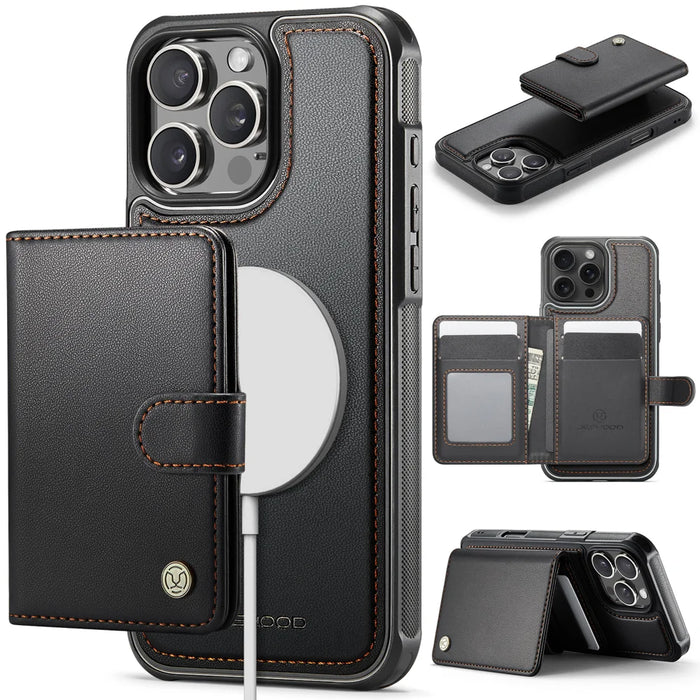 JEEHOOD For iPhone 16 Pro Case  J09 RFID Blocking Card Holder Leather Back Phone Cover Compatible with MagSafe - Black - 1