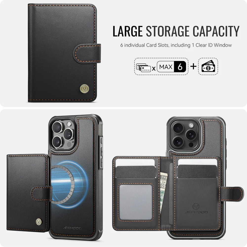JEEHOOD For iPhone 16 Pro Case  J09 RFID Blocking Card Holder Leather Back Phone Cover Compatible with MagSafe - Black - 3