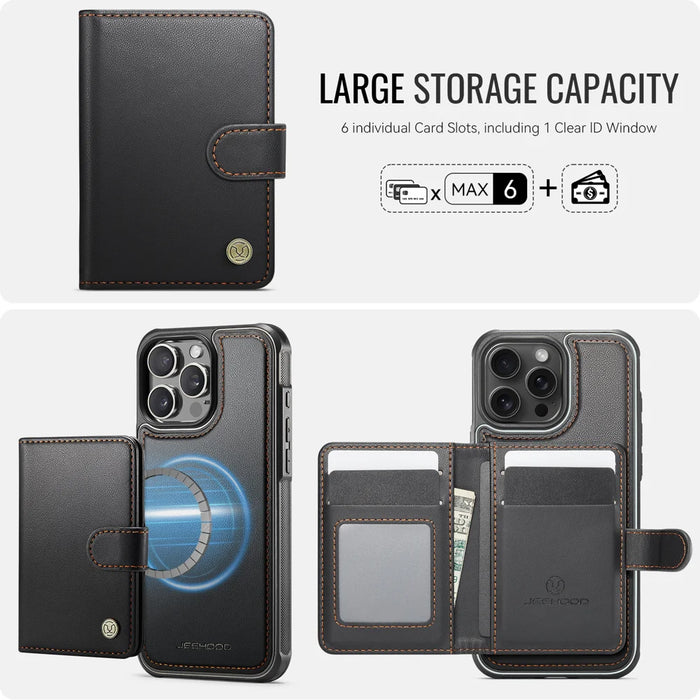 JEEHOOD For iPhone 16 Pro Case  J09 RFID Blocking Card Holder Leather Back Phone Cover Compatible with MagSafe - Black - 3