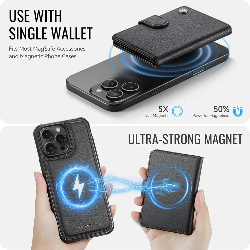 JEEHOOD For iPhone 16 Pro Case  J09 RFID Blocking Card Holder Leather Back Phone Cover Compatible with MagSafe - Black - 7