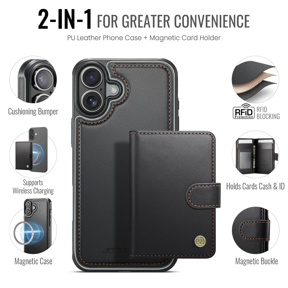 JEEHOOD For iPhone 16 Case  J09 RFID Blocking Card Holder Leather Back Phone Cover Compatible with MagSafe - Black - 2