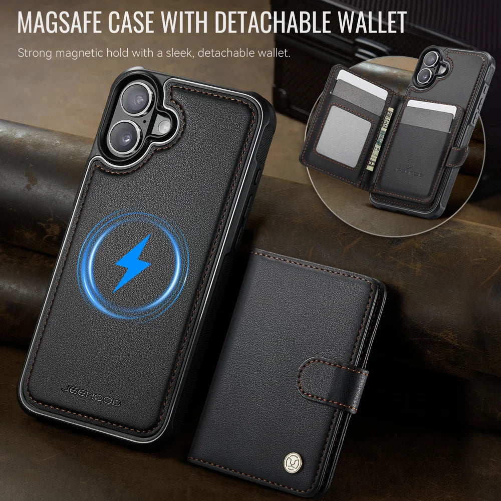 JEEHOOD For iPhone 16 Case  J09 RFID Blocking Card Holder Leather Back Phone Cover Compatible with MagSafe - Black - 5