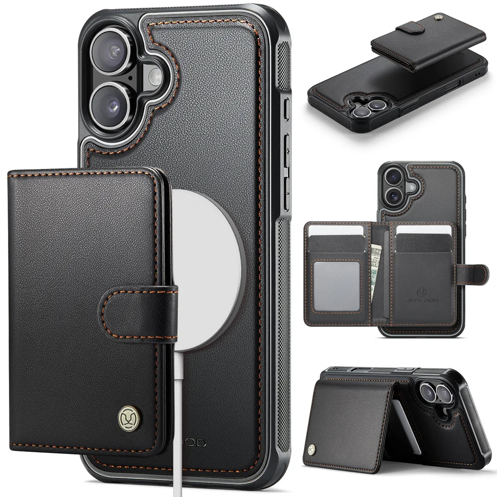 JEEHOOD For iPhone 16 Plus Case  J09 RFID Blocking Card Holder Leather Back Phone Cover Compatible with MagSafe - Black - 1