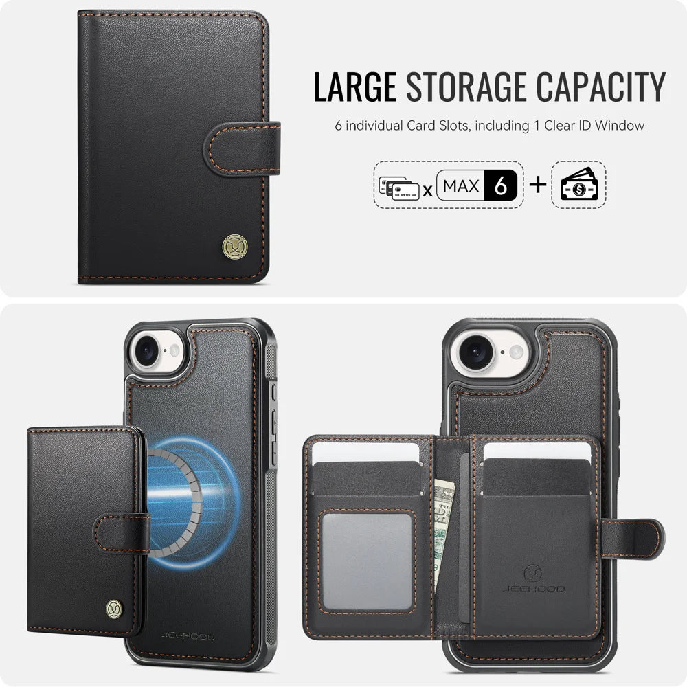 JEEHOOD For iPhone 17e / 16e Case  J09 RFID Blocking Card Holder Leather Back Phone Cover Compatible with MagSafe - Black - 3