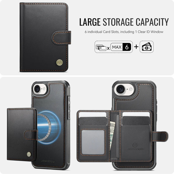 JEEHOOD For iPhone 17e / 16e Case  J09 RFID Blocking Card Holder Leather Back Phone Cover Compatible with MagSafe - Black - 3